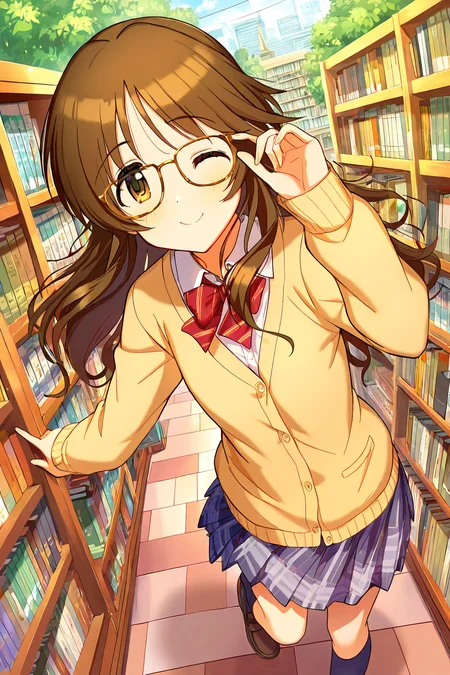 masterpiece,best quality,very aesthetic,absurdres,highres,newest,official art,official style,
1girl,solo,
takamori aiko,brown eyes,brown hair,long hair,
glasses,one eye closed,school uniform,
<lora:eye_focus:1>,eye_focus,
outdoors,library,bookshelf,book stack,
smile,standing,full body,
<lora:idolmaster_takamori_aiko_ill_v1.0:1>,