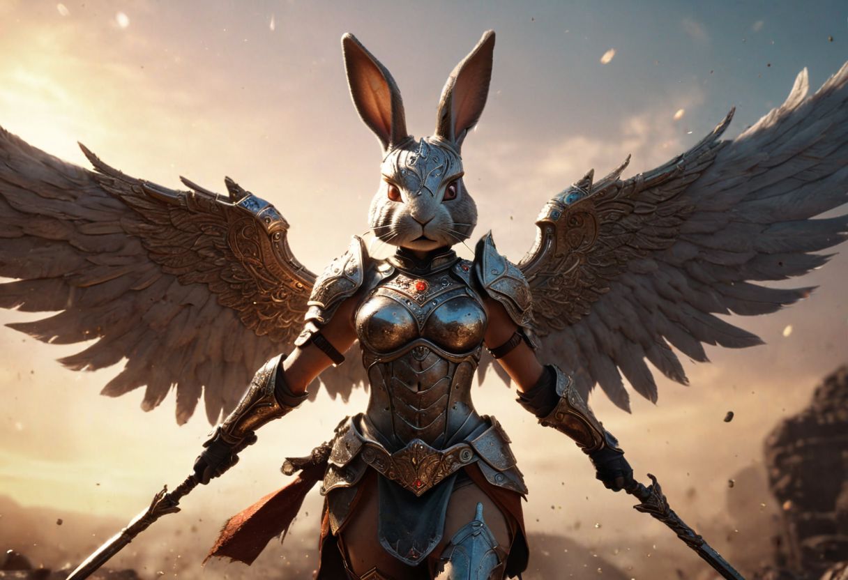 Bunny warrior, dynamic pose, wings outstretched, jeweled egg staff raised, battlefield background, swirling dust, dramatic sunrise, epic composition, highly detailed armor, gritty textures, cinematic lighting, fantasy, strong female hero