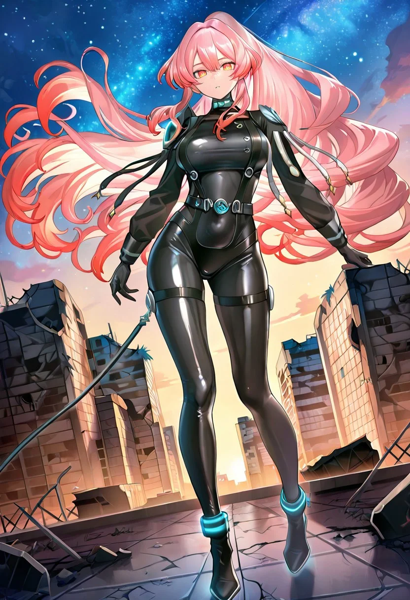 exosister martha,1girl,official art,solo,ruins,cityscape,looking at viewer,starry sky,large breasts,full body,outdoors,floating hair,standing,ファイティングポーズ,
masterpiece,best quality,amazing quality,very aesthetic,absurdres,newest,<lora:Exosister Martha illusXL v1:0.7>,shiny clothes, bodysuit, black bodysuit, skin tight, neon trim,science fiction,