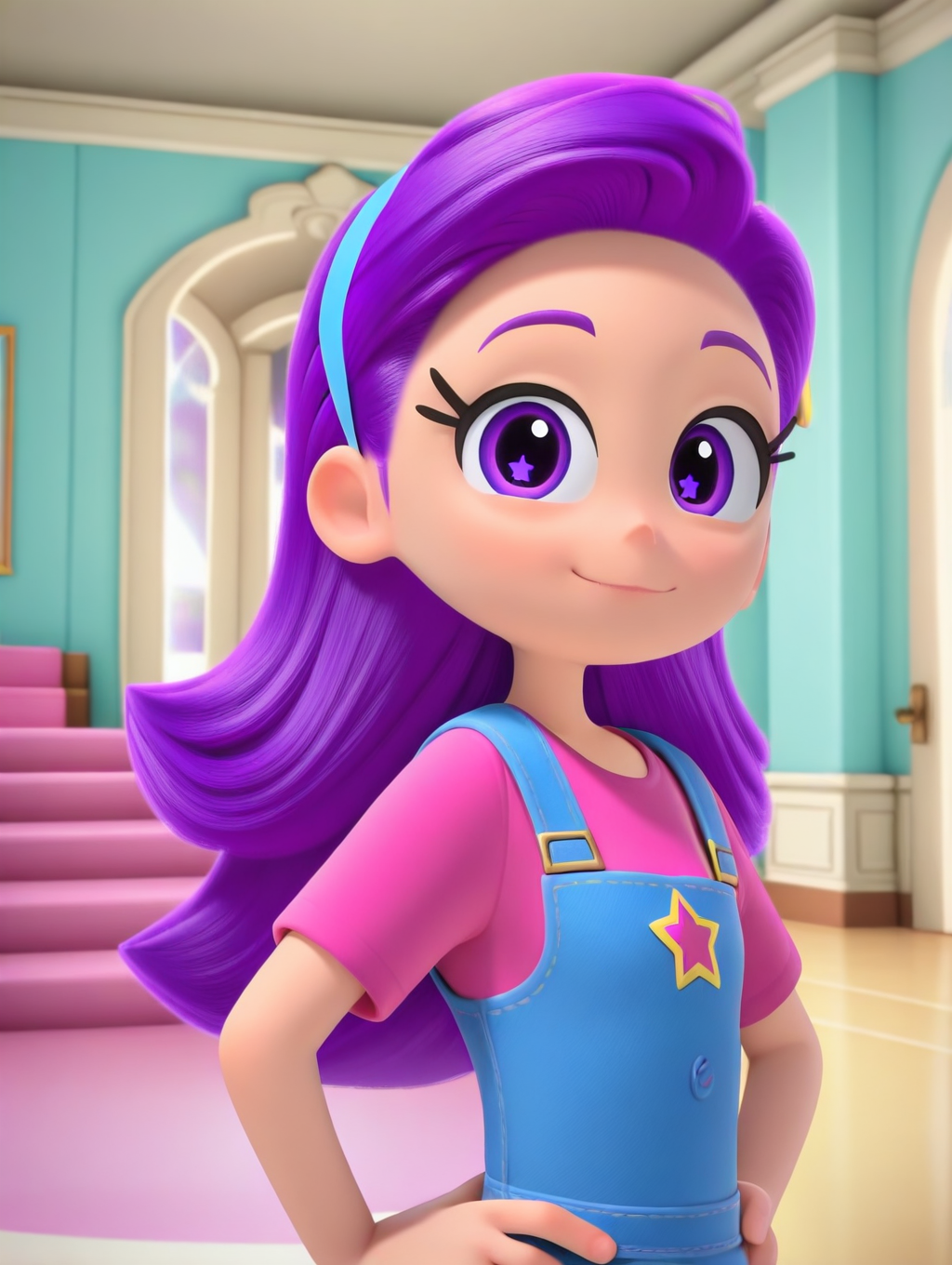 Purple_Star, 1girl, solo, fair skin, purple eyes, wavy hair, purple hair, light blue headband, star headband, pink t-shirt, light blue overalls, white socks, purple shoes, (light smile, Hands on hips, looking at viewer, indoors, elegant room, solo, upper body,)