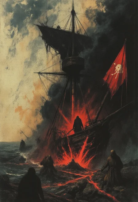 A dramatic, high-resolution fantasy illustration capturing the final desperate stand of a battered pirate galleon, locked in combat beneath a surreal, storm-split sky. The once-proud ship creaks against roaring waves and cannon fire, its sails torn, hull scorched, and rigging aflame. Armored corsairs, their coats soaked in blood and seawater, man the blazing deck with fierce resolve — firing pistols, swinging cutlasses, shouting defiance into the chaos.
At the prow, the captain stands defiant, coat shredded by wind and fire, hair whipping around a face carved by war. With a raised sabre and burning eyes, he signals one final charge as golden cannon fire lights the sea like dying stars. A tattered pirate flag flaps violently above, catching what little light breaks through smoke-drenched skies, casting dramatic shadows across the wounded deck.
Fire and salt spray mix with glowing embers and spectral mist, while the sea boils beneath them, littered with wreckage and fallen comrades. The atmosphere is thick with romanticized warfare, heroic desperation, and the surreal poetry of doomed resistance. Directional light from the setting sun strikes angled clouds and smoke plumes, creating cinematic highlights and sharp color contrast.A timeless masterwork of dynamic composition, epic scale, intricate textures, and brilliant lighting. Inspired by Frank Frazetta, Howard Pyle, and Jakub Rozalski. Best quality, emotionally charged, absolutely eye-catching, and unforgettable.