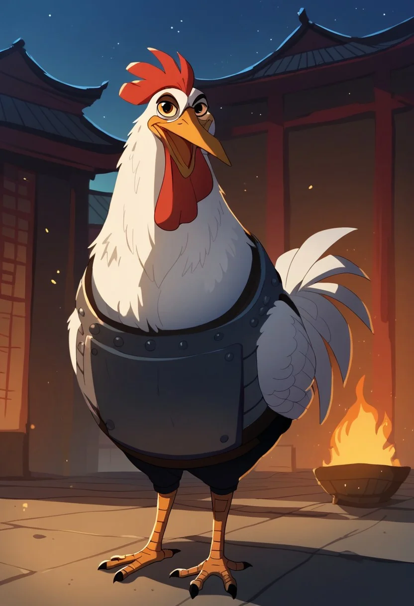 kfp2d, solo, 1boy, score_9, score_8_up, score_7_up, score_6_up, score_5_up, score_4_up, source_furry, hi res, sfw. 2D artwork.
((bird, chicken, rooster, no humans, animal focus)), small body, male, feral, red and white feathers, prominent comb, sharp beak, metallic clothing.
cruel expression, spurs as weapon, standing, looking at the viewer.
On a temple, outdoors, fire at background, at night.