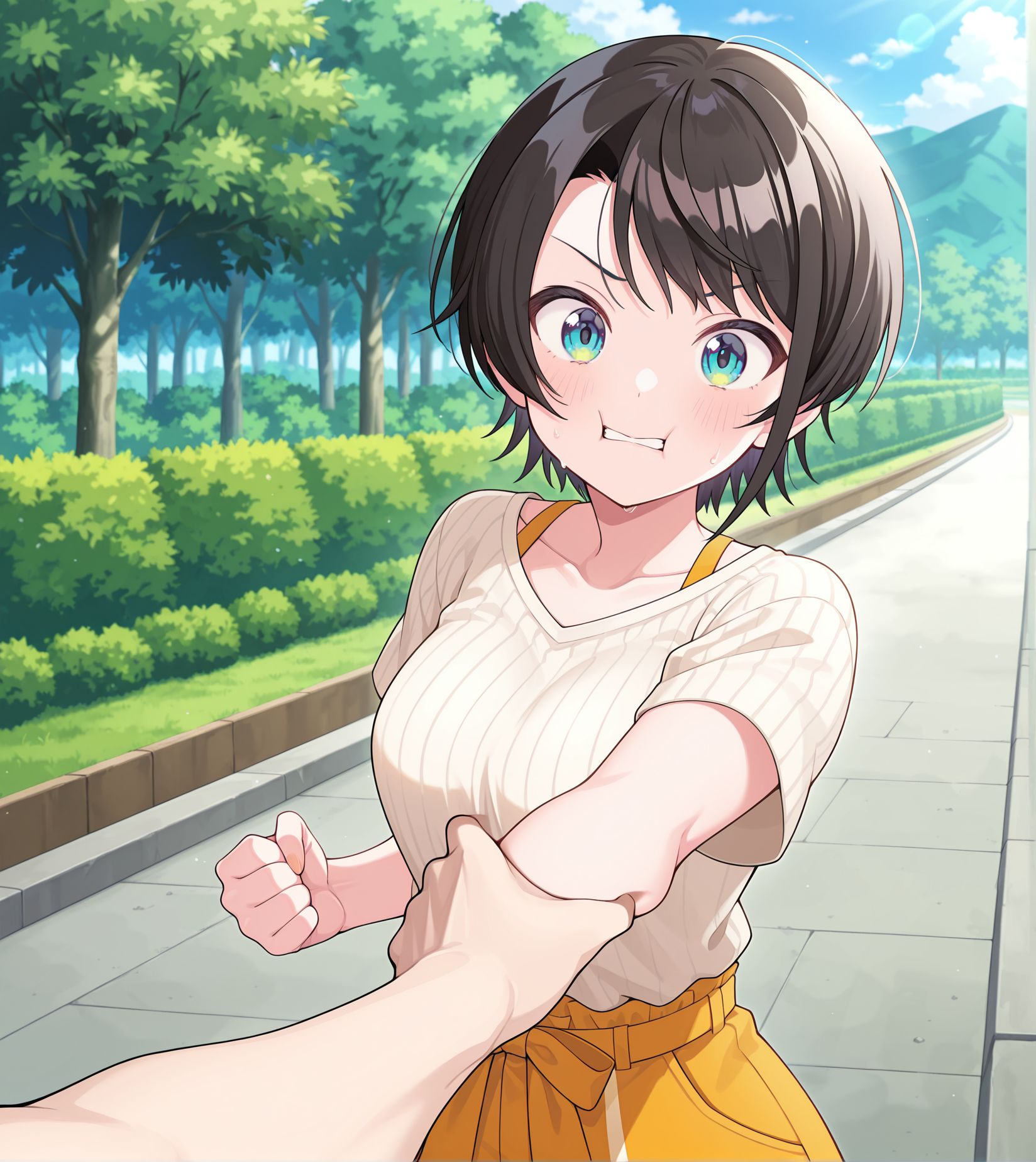 <lora:add-detail-xl:0.5>,,masterpiece,best quality,anime coloring,anime screenshot,
<lora:Cheek_Grabbing_Material:0.6>Cheek_Grabbing_Material, 
breasts,1girl,looking at viewer,Grabbing arm,
punching,caught mid-punch,
outdoors, 
oozora subaru, hololive, official art, 
20YO, milf,