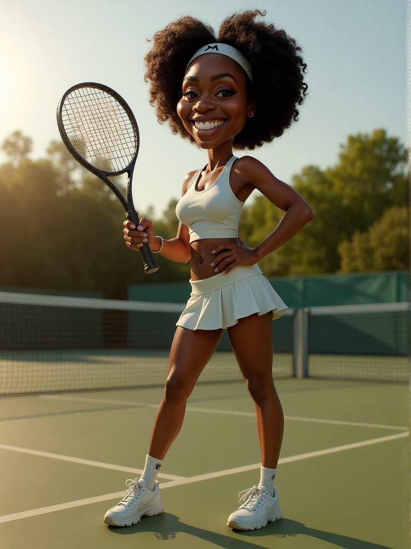 full-body animated cartoon caricature of a tennis player black woman on a tennis field posing with her racket pointing down, the other hand rests on her hip. fisheye lens, golden hour <lora:3d_caricature_Strong:0.9>