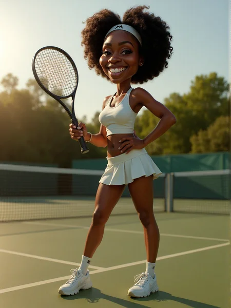 full-body animated cartoon caricature of a tennis player black woman on a tennis field posing with her racket pointing down, the other hand rests on her hip. fisheye lens, golden hour <lora:3d_caricature_Strong:0.9>