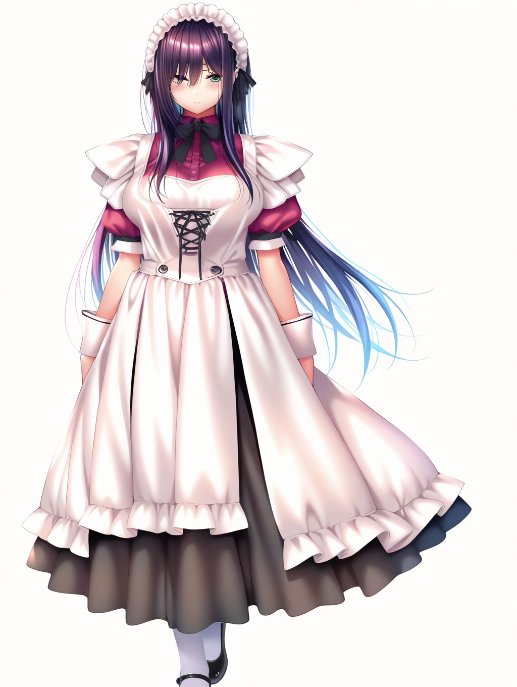 (masterpiece,best quality,ultra_detailed,highres,absurdres:1.2,amazing quality,very aesthetic),<lora:Himiyama Rei  ilxl_v1-000012:0.8>,rei\(Amakano 2\),1girl,solo,long hair,large breasts,green eyes,purple hair,standing,looking at viewer,white background,full body,maid headdress,maid,wrist cuffs, apron,  long skirt, puffy short sleeves, mary janes, corset, white pantyhose, black ribbon,black skirt,, (masterpiece,best quality,ultra_detailed,highres,absurdres:1.2,amazing quality,very aesthetic),Smooth Negative,