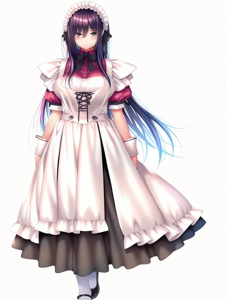 (masterpiece,best quality,ultra_detailed,highres,absurdres:1.2,amazing quality,very aesthetic),<lora:Himiyama Rei ilxl_v1-000012:0.8>,rei\(Amakano 2\),1girl,solo,long hair,large breasts,green eyes,purple hair,standing,looking at viewer,white background,full body,maid headdress,maid,wrist cuffs, apron, long skirt, puffy short sleeves, mary janes, corset, white pantyhose, black ribbon,black skirt,, (masterpiece,best quality,ultra_detailed,highres,absurdres:1.2,amazing quality,very aesthetic),Smooth Negative,