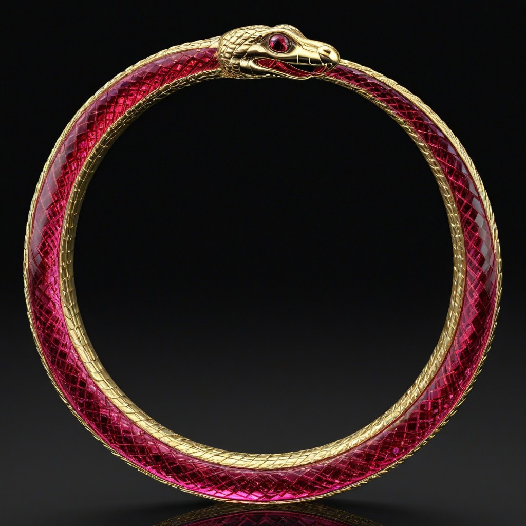 Glass Snake,Ouroboros, snake made out of glass, 8k, high resolution, fine quality, high quality, very detailed, photo realistic, snake eating its own tail, snake with its tail in its mouth, snake, solo snake, detailxl, background, snake has a ruby as an eye.