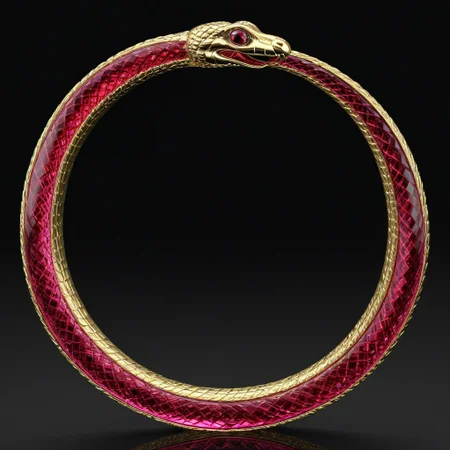 Glass Snake,Ouroboros, snake made out of glass, 8k, high resolution, fine quality, high quality, very detailed, photo realistic, snake eating its own tail, snake with its tail in its mouth, snake, solo snake, detailxl, background, snake has a ruby as an eye.