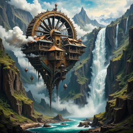 A colossal, intricate fantasy steampunk waterwheel, adorned with brass filigree and copper accents, powers a majestic floating village, with thatched roofs and billowing smoke, suspended high above the mist-shrouded depths by a latticework of wooden beams and steam-powered pulleys, as a gargantuan, surreal waterfall cascades down a sheer, rugged cliffside, its torrential waters churning the wheel's massive, toothed cogs, surrounded by a halo of mist and spray, evoking the atmospheric, cinematic scenery of Syd Mead, the mechanical, industrial elegance of H.R. Giger, and the epic, dreamlike quality of Zdzisław Beksiński.