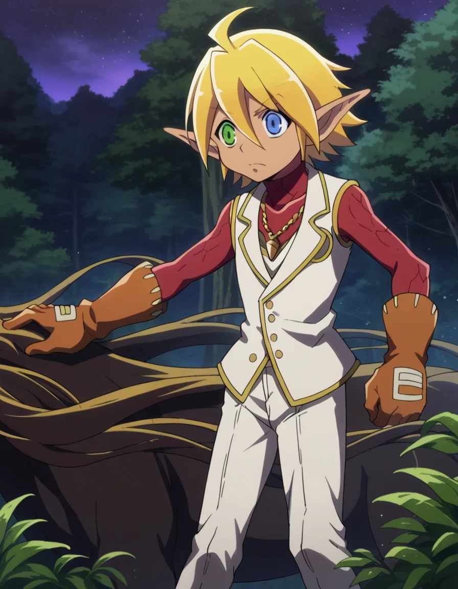 score_9, score_8_up, score_7_up, source_anime,
aurabellafiora, <lora:aura-bella-fiore-ponyxl-lora-nochekaiser:1>,
aura bella fiora, short hair, blue eyes, blonde hair, hair between eyes, green eyes, ahoge, pointy ears, dark skin, heterochromia, elf, dark elf,
gloves, jewelry, necklace, vest, white vest, pants, white pants,
outdoors, night, night sky, forest, nature,