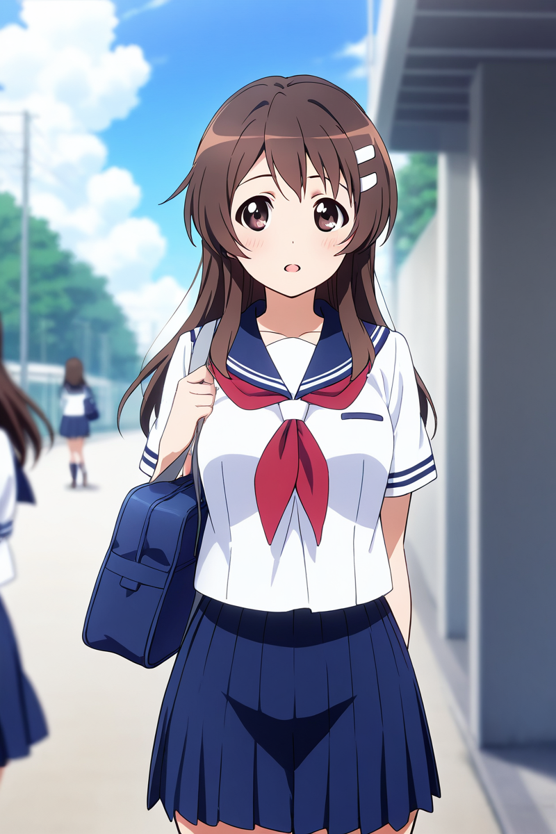 <lora:Niimi_Haruka_PHTKN_Illus:1>niimi haruka, outfit 1, sailor uniform, long hair, open mouth, skirt, brown hair, hair ornament, school uniform, blue pleated skirt, outdoors, sky, serafuku, solo focus, day, hairclip, cloud, bag, blurry, depth of field, school bag, red neckerchief, white uniform, blue sailor collar, alone, cowboy shot,