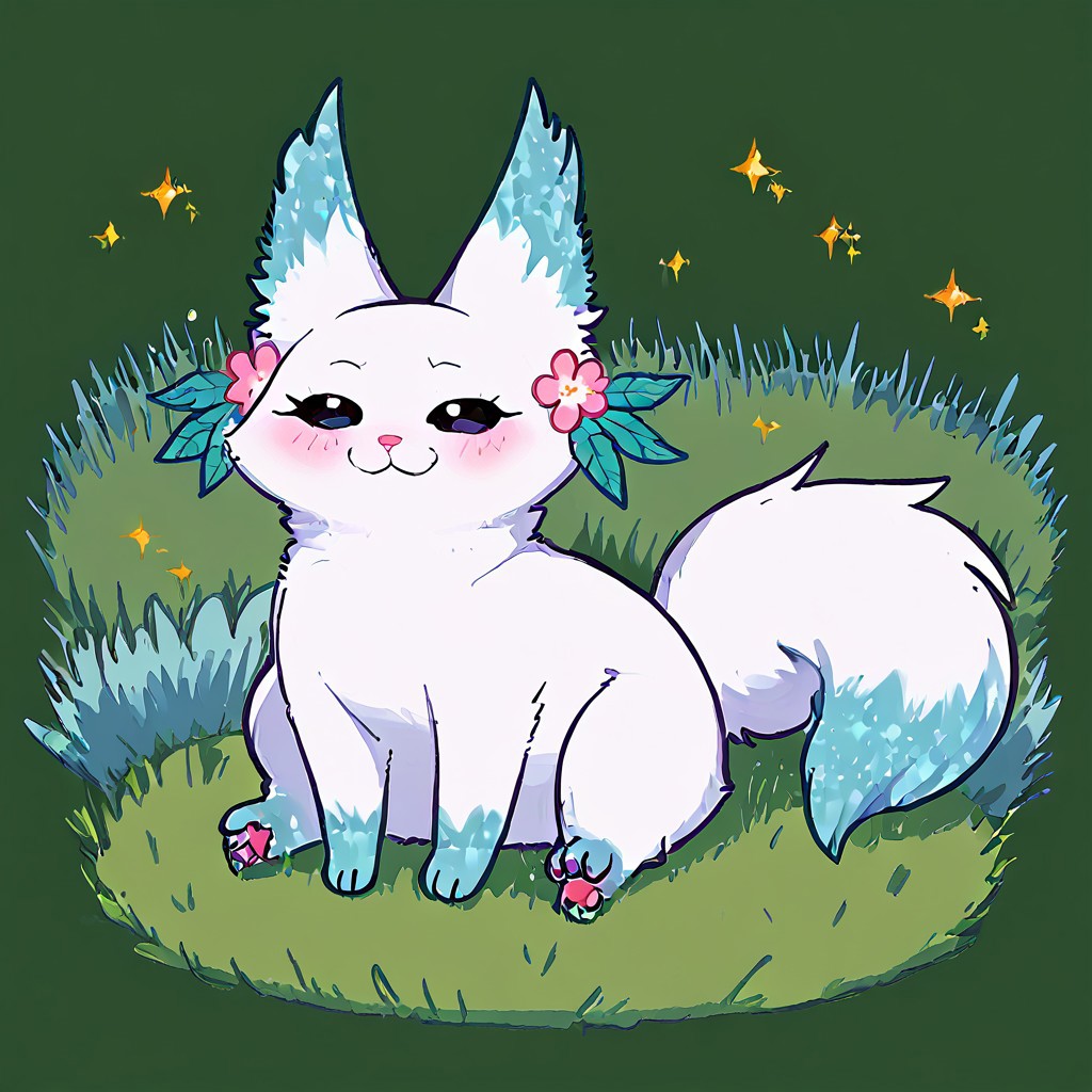 Minto, white fur, black sclera, black eyes, pink nose, paws, tail, turquoise edges at the ears, full body, outdoors, sitting on grass