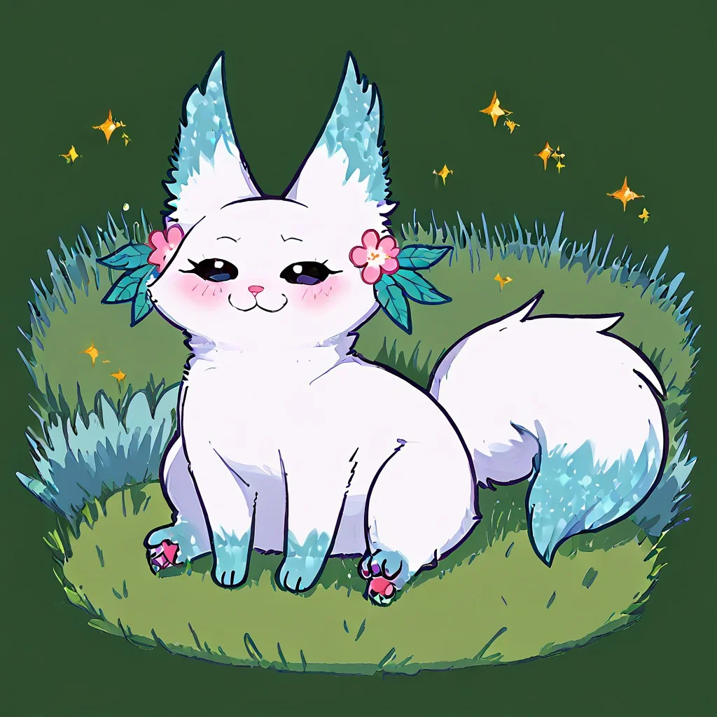 Minto, white fur, black sclera, black eyes, pink nose, paws, tail, turquoise edges at the ears, full body, outdoors, sitting on grass