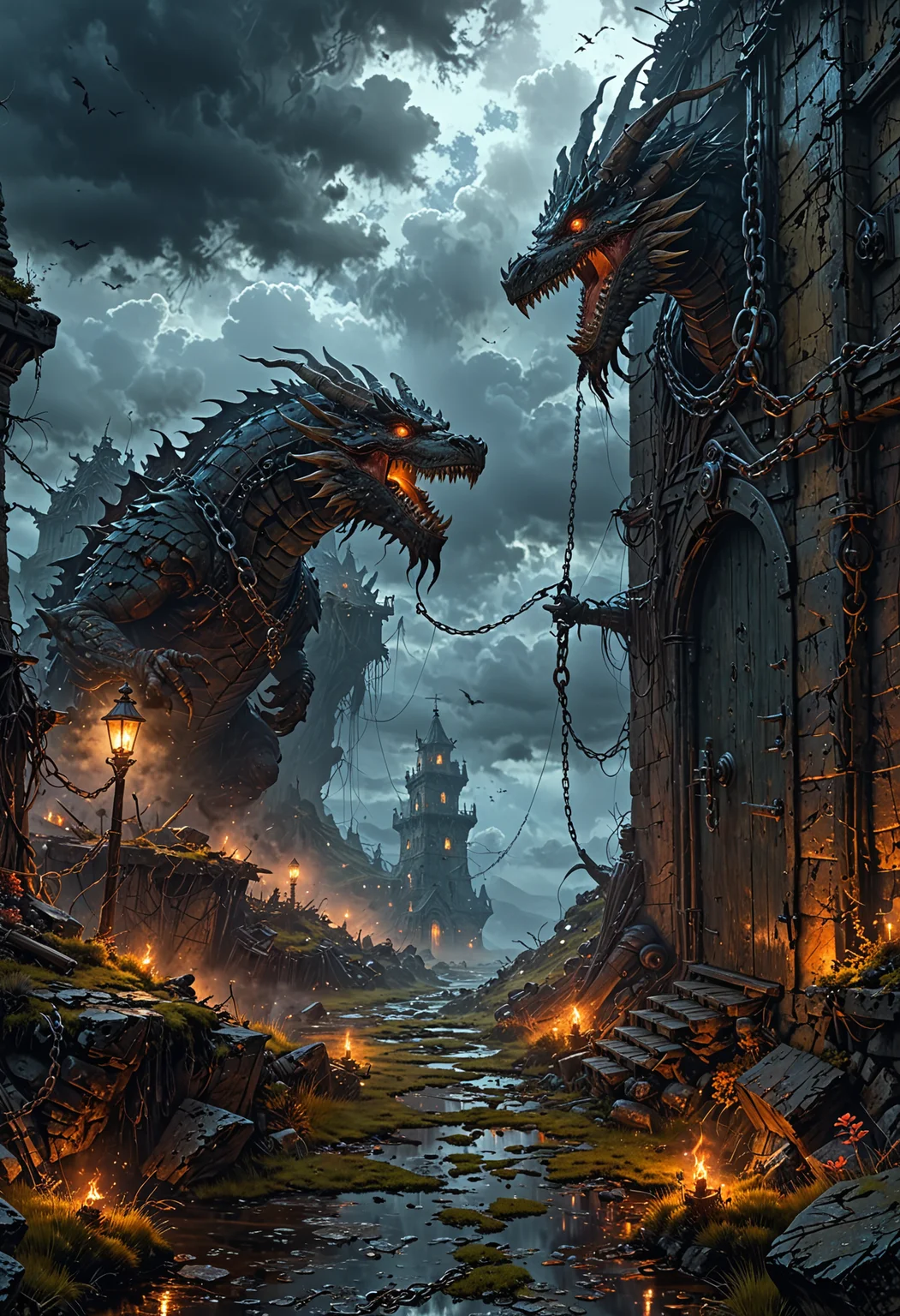 oil painting, fantasy, rpg, a magical prison in the moorland, beholders hovering around, dragons in the sky, chains, dark clouds, dark moor, (misty:1.5), creepy atmosphere, dramatic light, (darkness:2.5), 34K uhd, masterpiece, high detail, 8k, intricate, detailed, high resolution, high res, high quality, highly detailed, Extremely high-resolution details, fine texture, darkness
<lora:EpicF4nta5yXL:0.8>
<lora:add-detail-xl:1>
<lora:WildcardX-XL-Detail-Enhancer:1>
<lora:MJ52:0.375>
<lora:CinematicStyle_v1:0.42>