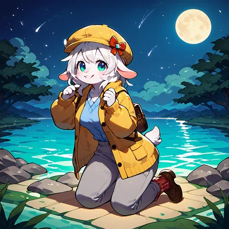 score_9, score_8_up, score_7_up, goat woman, from front, smile, anthro goat, medium breasts, cabbie hat, white shirt, yellow cardigan, grey pants, plaid socks, brown shoes, kneeling, black fur, outdoors, night, moon, lake <lora:oatd_model_03:0.8>