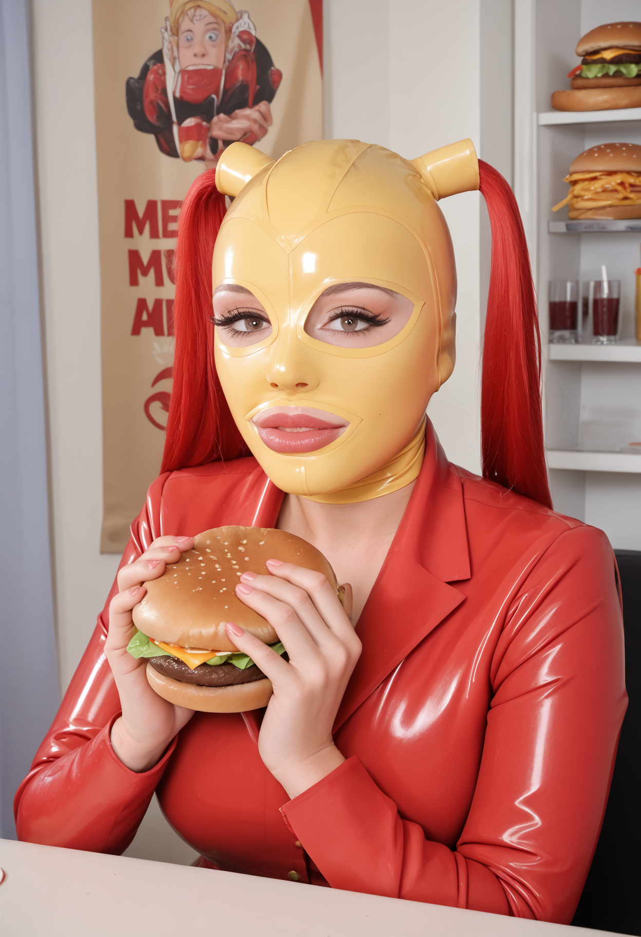 Advertising poster style source_cartoon, score_9, score_8_up, score_7_up, score_6_up, score_5_up,  ,  BREAK, 1girl, cowboyshot, well lit resturant,
<lora:latexHoodPonyV3:1>,yellow  latexhood,  red twintails,  latex catsuit, upper body, feminine, holding a burger, sitting at McDonalds,McDonalds background . Professional, modern, product-focused, commercial, eye-catching, highly detailed
