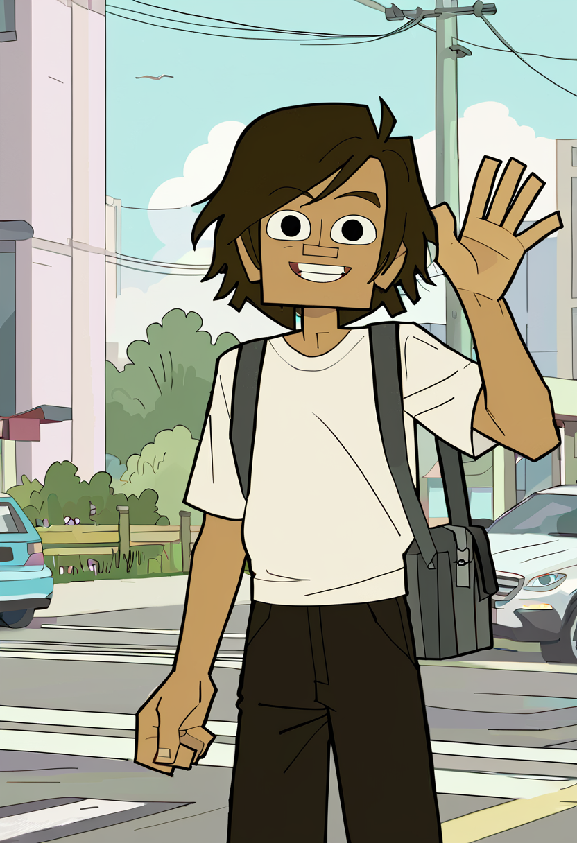 <lora:TwelveForever_Todd_Pony:0.9>, todd \(regular\), waving, grin, todd, twelve forever, 1boy, solo, short hair, black eyes, industrial, masterpiece, best quality, score_9, score_8_up, score_7_up