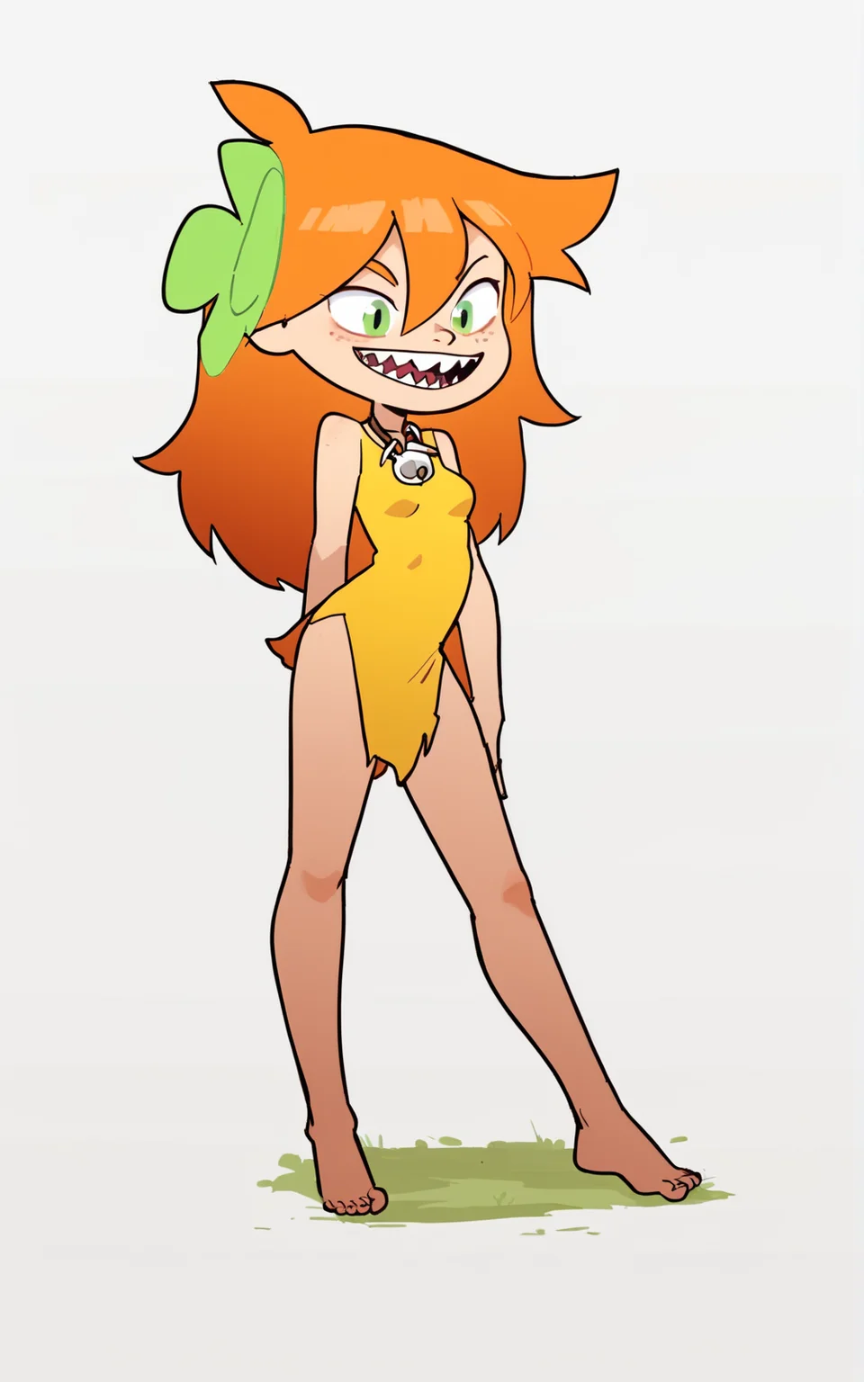 score_9, score_8_up, score_7_up,((best quality)), absurdres, ((full body)), <lora:BolivanteStyle:0.8>, <lora:WahaTTPXL:0.8>,WahaTTPXL,small breasts, hair ornament,green hair flower, dress, yellow dress, barefoot, necklace, orange hair, sharp teeth, freckles, white background, long hair, standing, tribal ,short dress, green eyes, loincloth