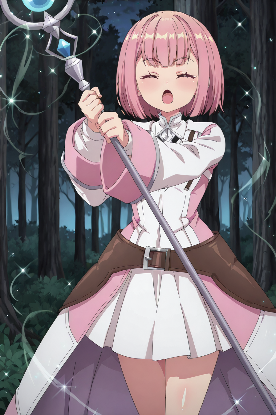 detailed background, shiny skin, posing,
<lora:guilmas.il:1>,
guilmas,
lululee, 
clothed girl,
casting magic, magic circle, glitter, sparkle, bloom, closed eyes, light effects, holding staff, 
night, outdoors, open mouth, forest, windy, floating skirt,