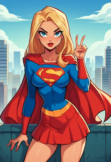 score_9, score_8_up, score_7_up,score_6_up BREAK ict style,1girl,supergirl, red skirt,superman logo, cowboy shot,peace sign,v,outdoors, rooftop,day,red arm guards,skyline,red cape, long sleeves,red lips     <lora:ShaneGlinesPony:1>