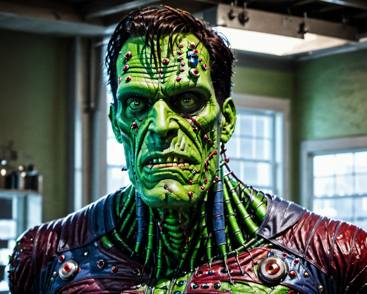 raw photo,cinematic shot,photorealistic,solo,a fleshmutant frankenstein's monster with patchwork skin,    <lora:Fleshmutant_R2-000003:1>
