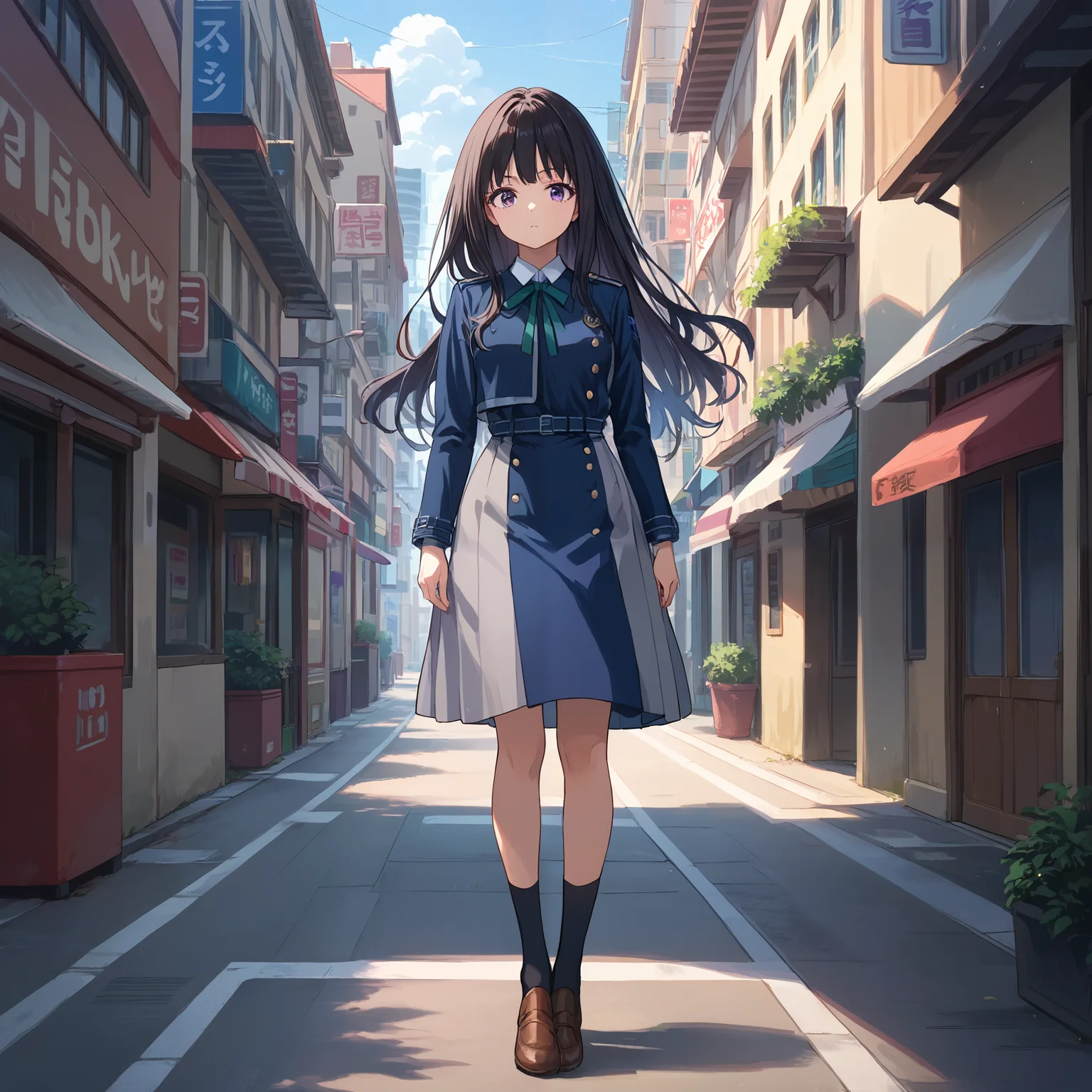 score_9, score_8_up, score_7_up, score_6_up, score_5_up, score_4_up, BREAK source_anime, look at viewer, rating_safe, 1girl, solo, outdoors, city, full body, standing, masterpiece, best quality, high detailed skin, inoue takina, takina def, long hair, black hair, purple eyes, lycoris uniform, long sleeves, green neck ribbon, blue belt, black socks,