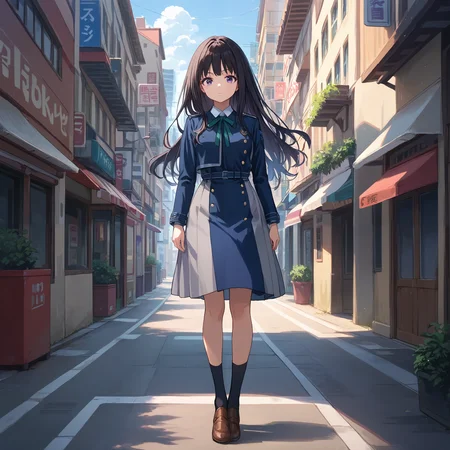 score_9, score_8_up, score_7_up, score_6_up, score_5_up, score_4_up, BREAK source_anime, look at viewer, rating_safe, 1girl, solo, outdoors, city, full body, standing, masterpiece, best quality, high detailed skin, inoue takina, takina def, long hair, black hair, purple eyes, lycoris uniform, long sleeves, green neck ribbon, blue belt, black socks,
