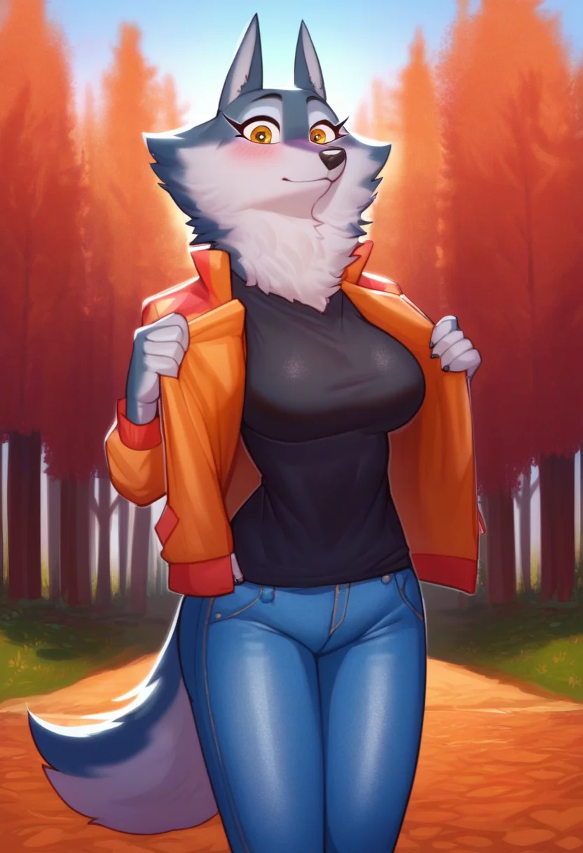 zPDXL, score_9,score_8_up,score_7_up,_up,source_cartoon, best quality, amazing quality, masterpiece, 1girl, looking at viewer, solo, fullbody, cute, blush, porsha, <lora:Porsha:0.8>, animal ears, yellow eyes, white fur, wolf girl, wolf ears, wolf tail, jeans, black shirt, lather jacket, orange sky, forest, autumn, contour_deepening,depth of field, huge filesize,wallpaper,background,(flat color),large breasts, blurry background, sususuigi, <lora:sususuigi-022:1>, <lora:StS_PonyXL_Detail_Slider_v1.4_iteration_3:4>