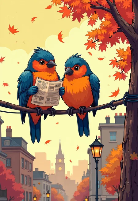 birds sitting on a telephone line reading newspaper.
Neon autumn color palette 
A digital artwork in the style of cknc