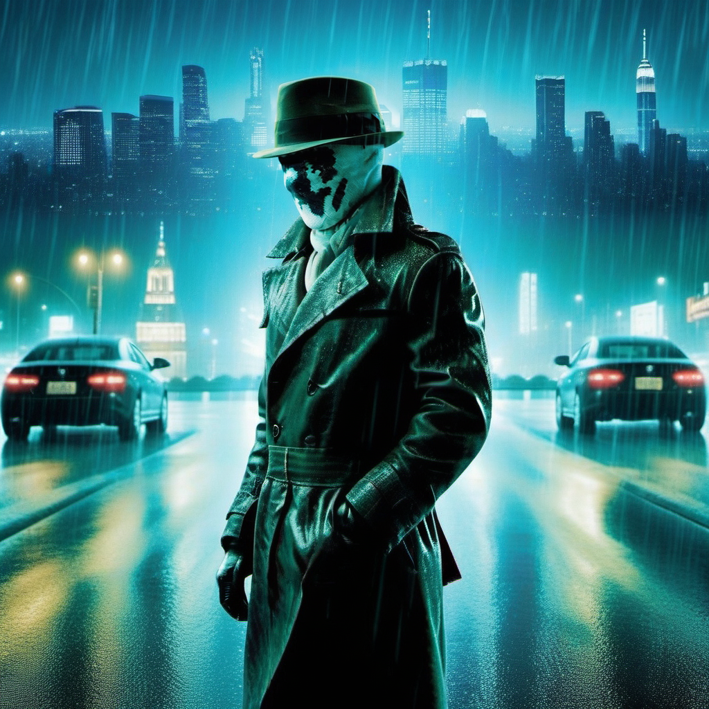 cinematic photo, Rorschach1024, a man with a hat, night, rain, city background, . 35mm photograph, film, bokeh, professional, 4k, highly detailed <lora:Rorschach1024:0.8>