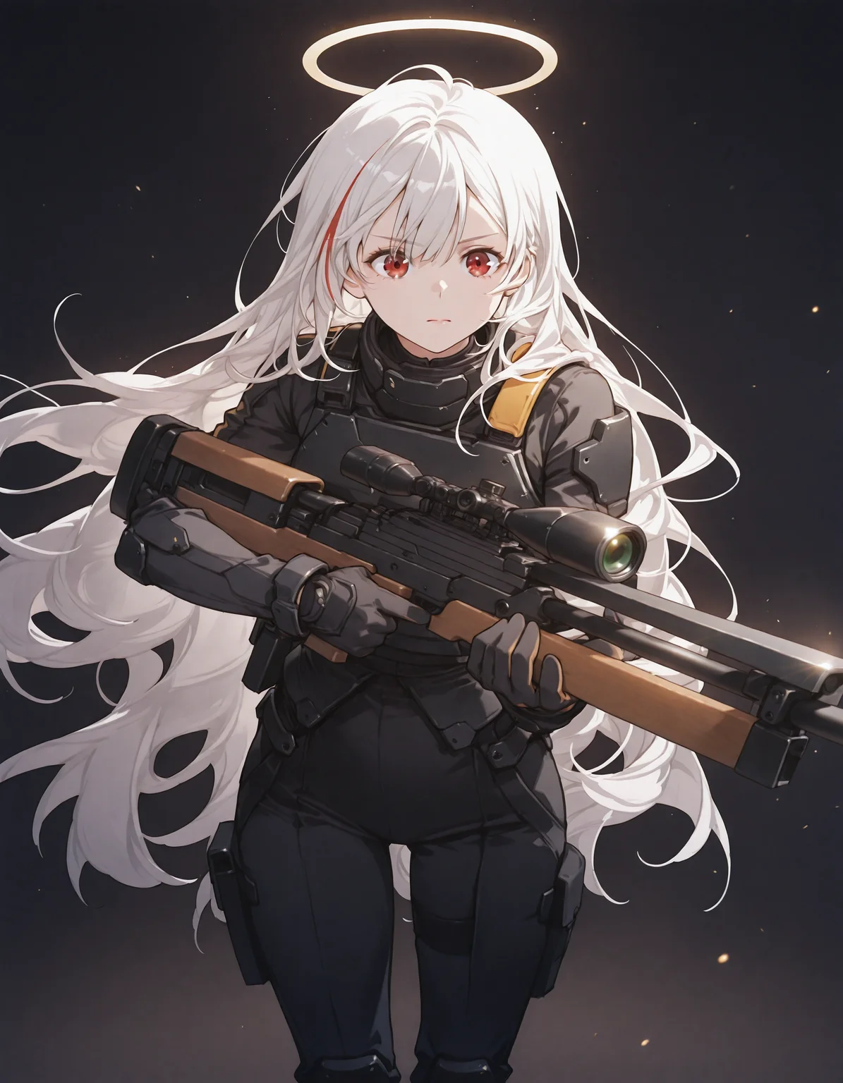 1girl, white hair, multicolored hair, very long hair, halo, black military suit, armored vest, vv4zooo, sniper rifle, silencer, hand on rifle, holding rifle, <lora:wa2000_ill_v2.2:1> dark background, front view, angled view, <lora:Anime_style:0.7> an1m style, a spectral figure emerges from the haze, set against a background of luminous, particles