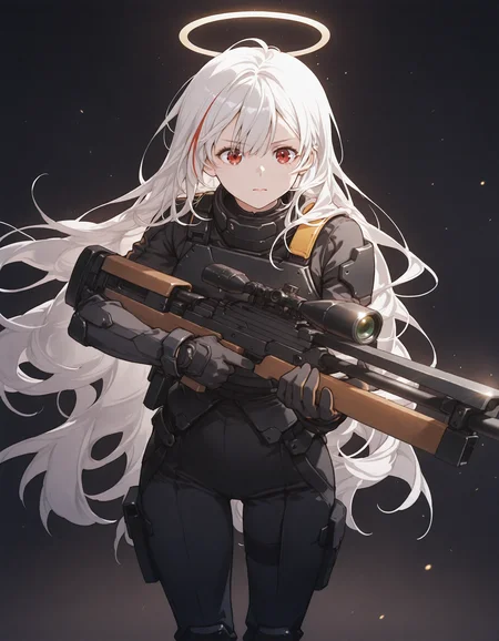 1girl, white hair, multicolored hair, very long hair, halo, black military suit, armored vest, vv4zooo, sniper rifle, silencer, hand on rifle, holding rifle, <lora:wa2000_ill_v2.2:1> dark background, front view,  angled view, <lora:Anime_style:0.7> an1m style,  a spectral figure emerges from the haze, set against a background of luminous, particles