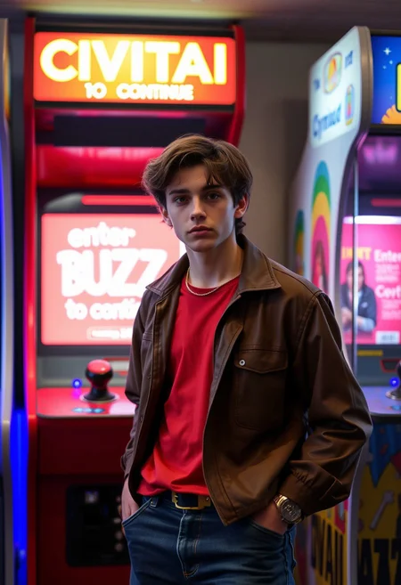 an 18 year old man in the 90s wearing 90s clothes desperate looking for money in his pockets with his pants pockets out looking straight ahead at an arcade with the name "CIVITAI" where the screen says "enter 10 BUZZ to continue "