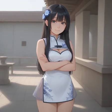 score_9, score_8_up, score_7_up, best quality, masterpiece, source_anime, zPDXL, zPDXL_xxx, BREAK
in chinese restaurant, <lora:ponyRealistic_v1-gamma:-0.7>,solo
1girl,, <lora:add-detail-xl:1> <lora:detail_eyes:0.5>, <lora:enjou_genmu_tan:1>, black hair, long hair, jping-yi, blue hair flower, white china dress,, smile, happy, crossed arms, crossing arms over the chest, hinting at hidden desires