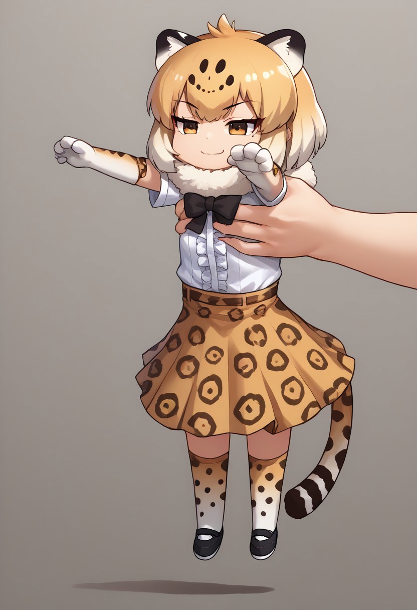 score_9, score_8_up, score_7_up, source_anime, IncrsXLLCM, full body, holding animal / holding person, chibi, jaguar (kemono friends), animal ears, jaguar ears, blonde hair, short hair, bangs, jaguar print, multicolored hair, tail, jaguar tail, white shirt, frills, skirt, high-waist skirt, print skirt, fur collar, center frills, gloves, elbow gloves, print gloves, short sleeves, black bowtie, thighhighs, animal print, print legwear, shoes, smug smile