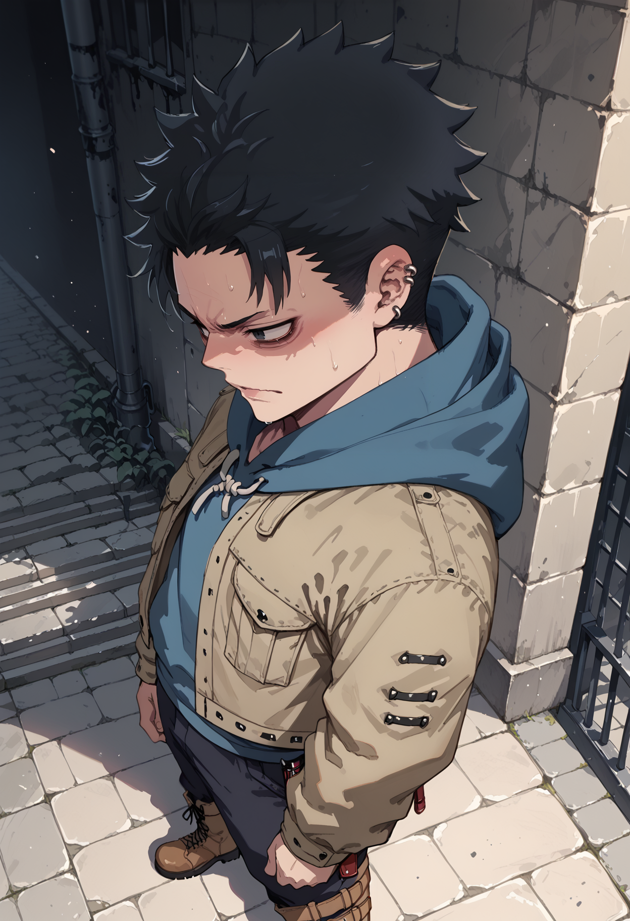 score_9,score_8_up,score_7_up,score_6_up,score_5_up,score_4_up,rating_explicit,source_anime,1boy,black hair,gothic,blue hoodie,tan jacket,boots,black pants,holster,from above,<lora:Sinozick_Style_XL_Pony:1>,sinozick style,flat color,dark theme,<lora:Wim:0.8>,perspective,<lora:Base_Anime_222>,