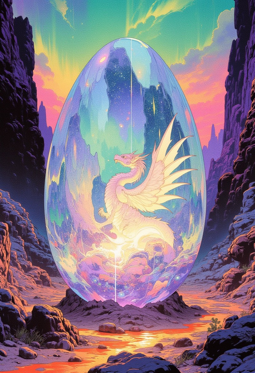 FFAIM, A fantastical and surreal scene featuring an enormous crystalline egg-like structure standing in a barren desert. Inside the translucent egg is a radiant, ethereal dragon with elongated, shimmering wings made of prismatic light, coiled gracefully within the shell. Its body glows with shifting hues of teal, violet, and gold, casting colorful refractions across the rocky landscape.
The molten core of the egg has been replaced with a swirling nebula of soft pinks, blues, and whites, creating an otherworldly glow that radiates into the environment. The barren terrain is now tinged with shades of lavender and emerald, while the surrounding cliffs glisten with bioluminescent fungi and alien plants. The sky above is a vibrant aurora of cascading colors, blending magentas, turquoise, and golds, adding to the dreamlike and otherworldly ambiance.