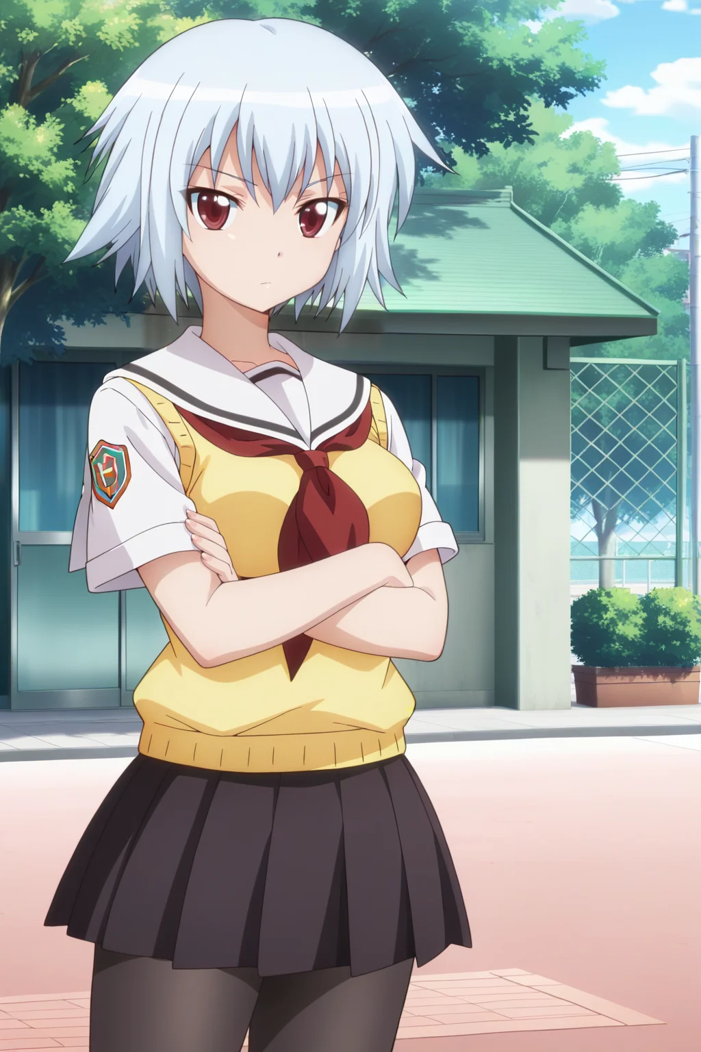 anime screenshot, ben-tou, 1girl, solo, yarizui sen, blue hair, short hair, red eyes, medium breasts, school uniform, serafuku, white shirt, short sleeves, white sailor collar, yellow sweater vest, black skirt, pleated skirt, red neckerchief, black pantyhose, looking at viewer, crossed arms, cowboy shot, outdoors, masterpiece, best quality, high quality, highres, absurdres, <lora:yarizui_sen_ILXL:0.9>