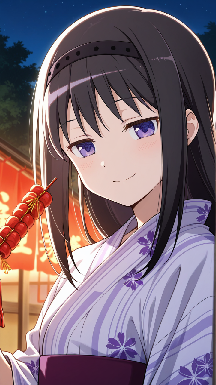 solo, close-up, smile, yukata, night, outdoors, firecrackers,, masterpiece, best quality, amazing quality, very aesthetic, absurdres, newest, anime screencap, <lora:checkpoint-e18_s792:1>, akemi homura, black hair, long hair, purple eyes, hairband, black hairband, sidelocks,