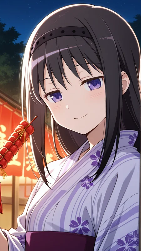solo, close-up, smile, yukata, night, outdoors, firecrackers,, masterpiece, best quality, amazing quality, very aesthetic, absurdres, newest, anime screencap, <lora:checkpoint-e18_s792:1>, akemi homura, black hair, long hair, purple eyes, hairband, black hairband, sidelocks,