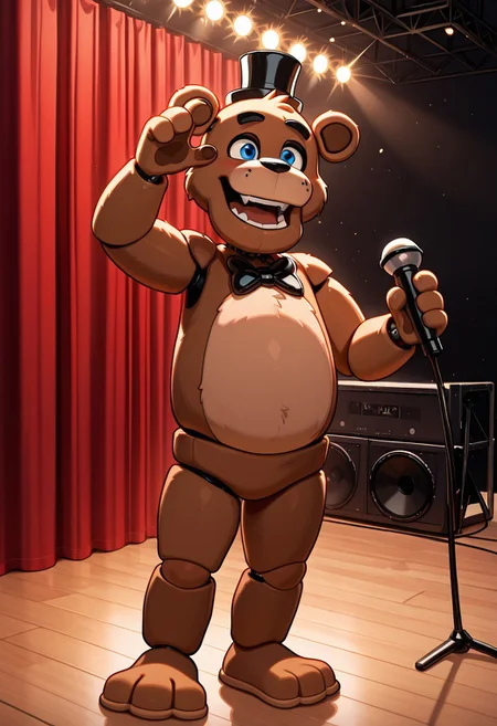 masterpiece, best quality, amazing quality, very aesthetic, absurdres, newest, detailed background,
cartoon, screencap,
freddyit, 1boy, black mini top hat, black bowtie, bear, bear ears, joints, teeth, blue eyes, animatronic,
holding microphone, smiling, expressive, on stage, wooden floor, red curtains background, stage lights, expressive pose, open mouth, dynamic angle,