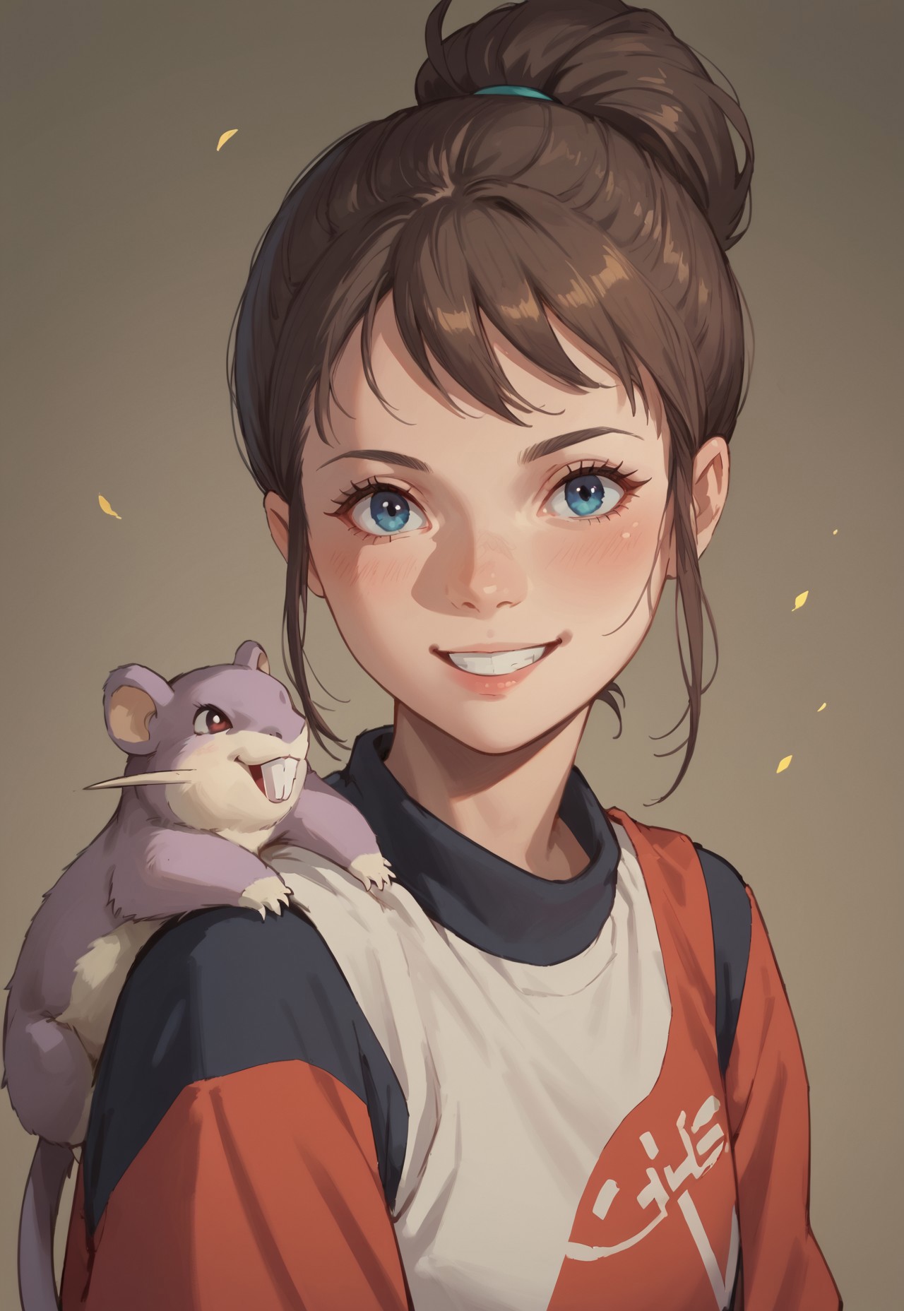 score_9, score_8_up, score_7_up, score_6_up, source_anime, a pokemon trainer with a rattata on her shoulder, happy