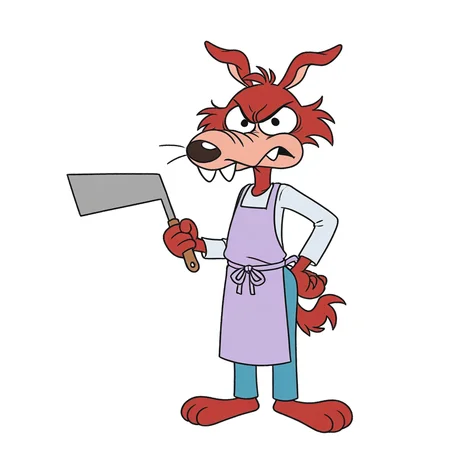 Annoyed, white background, Wide Eyes, Happy, 1Boy, buck teeth, Red Fur, Holding, Angry, Looking at Viewer, apron, shirt, Barefoot