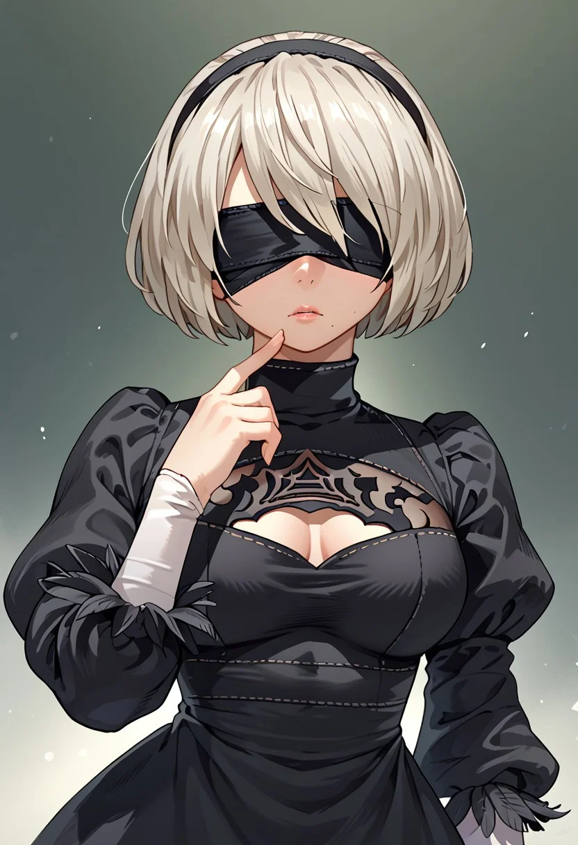 score_9, score_8, score_7,
2b \(nier\), blindfold, black dress, puffy sleeves, long sleeves,