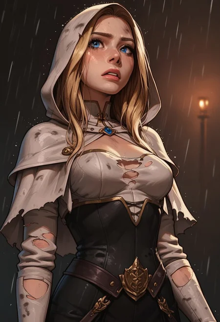 (score_9, score_8_up, score_7_up). (line work, excellent drawing, highest quality, extremely detailed:1.2). solo, 1girl, 24 year old woman, Battle Cleric, saint, vestal, hood, armor, religious, medium breasts, glossy lips, long lashes, blue eyes, blonde hair, innocent, cute face, pale skin, soft skin, scared, determined, injured, slut face, nympho, horseriding skirt, fantasy, dnd, g0thicPXL, romantic, source_cartoon, depth of field, medium distance, cowboy_shot, semirealistic, dynamic angle, side view, in profile, dark background, raining, torn clothes, muddy clothes, dynamic pose,