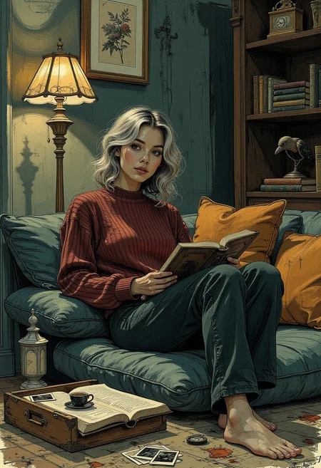 (highly detailed, colored sketch, in the style of ck-ccd, vantablack) illustration featuring young woman reclining on plush floor cushion in dimly lit, atmospheric room. Deep bronze skin, wavy shoulder-length silver hair. Wears oversized burgundy knit sweater slipping off one shoulder, fitted dark green corduroy pants with subtle stitching. Expression serene, fingers lightly grazing the edge of a worn sketchbook.  
Room filled with eclectic, moody decor. Behind her, vintage brass floor lamp with stained-glass shade casts warm glow. Velvet throw pillows in deep navy and burnt orange scattered around. To her left, open wooden crate filled with old film reels and scattered polaroids. Low coffee table nearby holds half-empty ceramic teacup, unlit candle, and antique pocket watch. Against the wall, dark bookshelf stacked with leather-bound books, small taxidermy bird perched on top. Walls deep charcoal with faint traces of hand-painted floral patterns, adding subtle texture. Soft lighting, muted earthy tones, intricate details create introspective, nostalgic ambiance.