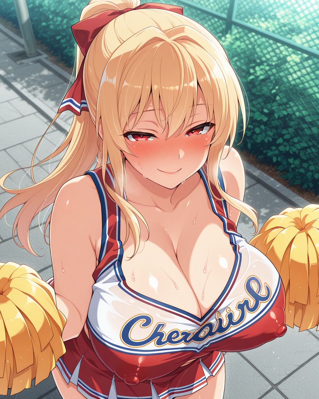 solo, standing, BREAK
1girl,big breasts,lovestruck,seductive smile,in heat,embarrassed,BREAK
blonde hair,long hair,red eyes,cheerleader,BREAK
shiny skin,erect nipples,outdoors, sweat,BREAK
masterpiece,best quality,amazing quality,explicit,<lora:HT_N_ILL:0.8><lora:総司Ill:0.75>