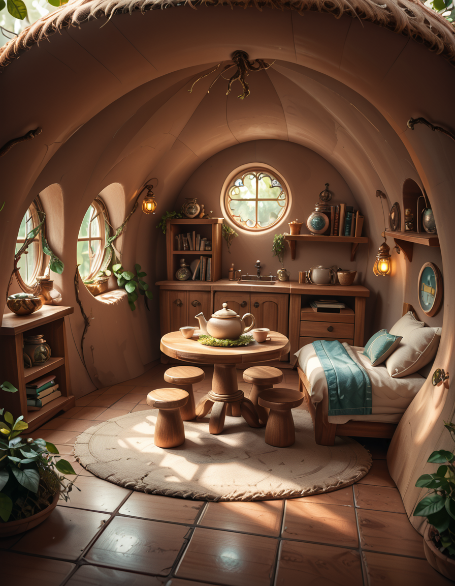 score_9, score_8_up, score_7_up,amazing quality, ultra realistic, 3D, HD, best quality, amazing quality, very aesthetic, absurdres
A highly detailed, realistic photograph of a tiny gnome house nestled at the base of an ancient oak tree, taken in soft morning light with a gentle mist hanging in the air. The house is crafted from natural materials: smooth stones form the lower walls, and curved wooden planks create a round, thatched roof with patches of moss and small wildflowers growing on top. Tiny circular windows with stained glass panels glow faintly from within, casting warm amber and green hues. A miniature wooden door with intricate carvings sits slightly ajar, surrounded by tiny lanterns that hang from delicate hooks, each softly glowing. Around the house, the forest floor is covered in dew-kissed clover, mushrooms of varying sizes and colors, and winding little cobblestone paths. In the background, tall ferns and oversized leaves tower, giving the scene an enchanted, hidden feel. Subtle rays of sunlight break through the canopy above, highlighting fine details with a dreamy, ethereal atmosphere. Hyper-realistic style, high-resolution, rich earthy tones, with an overall cozy and magical woodland vibe. No creatures or people, only nature and the charming architecture of the gnome's home.
<lora:SDXLFaeTastic2400:0.4> <lora:extremely_detailed:0.4> extremely detailed,tiny gnome h0us3 <lora:tiny_gnome_h0us3-p:1>