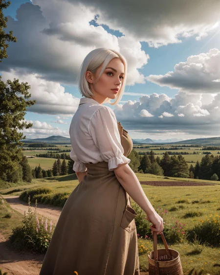(HDRI:1.4), (Sn0frid_v1, white hair:1.3), medium bosom, (style of Dorothea Lange) rugged frontier homestead woman, 1800s Montana, linen blouse, long skirt, apron, practical sturdy boots, earthy tones, natural fibers, rustic charm, sepia-toned aesthetic, arid golden prairie, wooden cabin, wildflowers, cracked soil, farm tools, weathered textures, sun-dappled lighting, determined expression, confident pose, wind-tousled hair, (dramatic clouds:1.2), vast open landscape, vintage authenticity, pioneering spirit ,